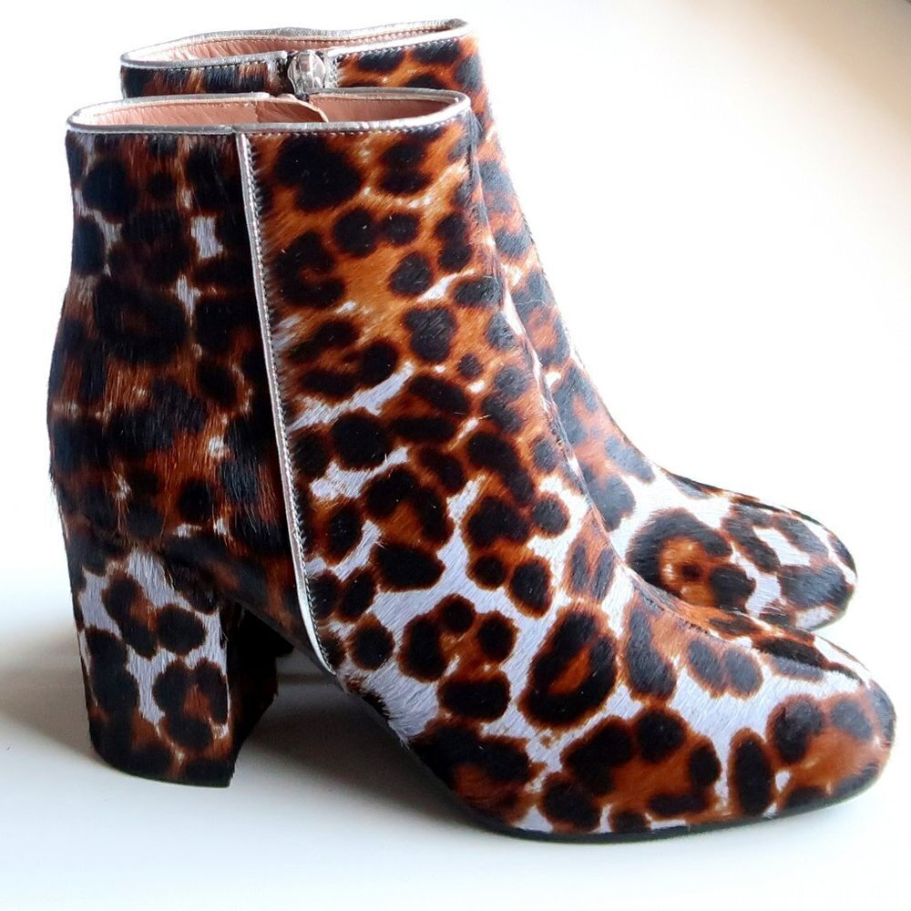 Pollini Italian Brown & Blue Leopard Calf Hair Block Heel Ankle Boots Booties